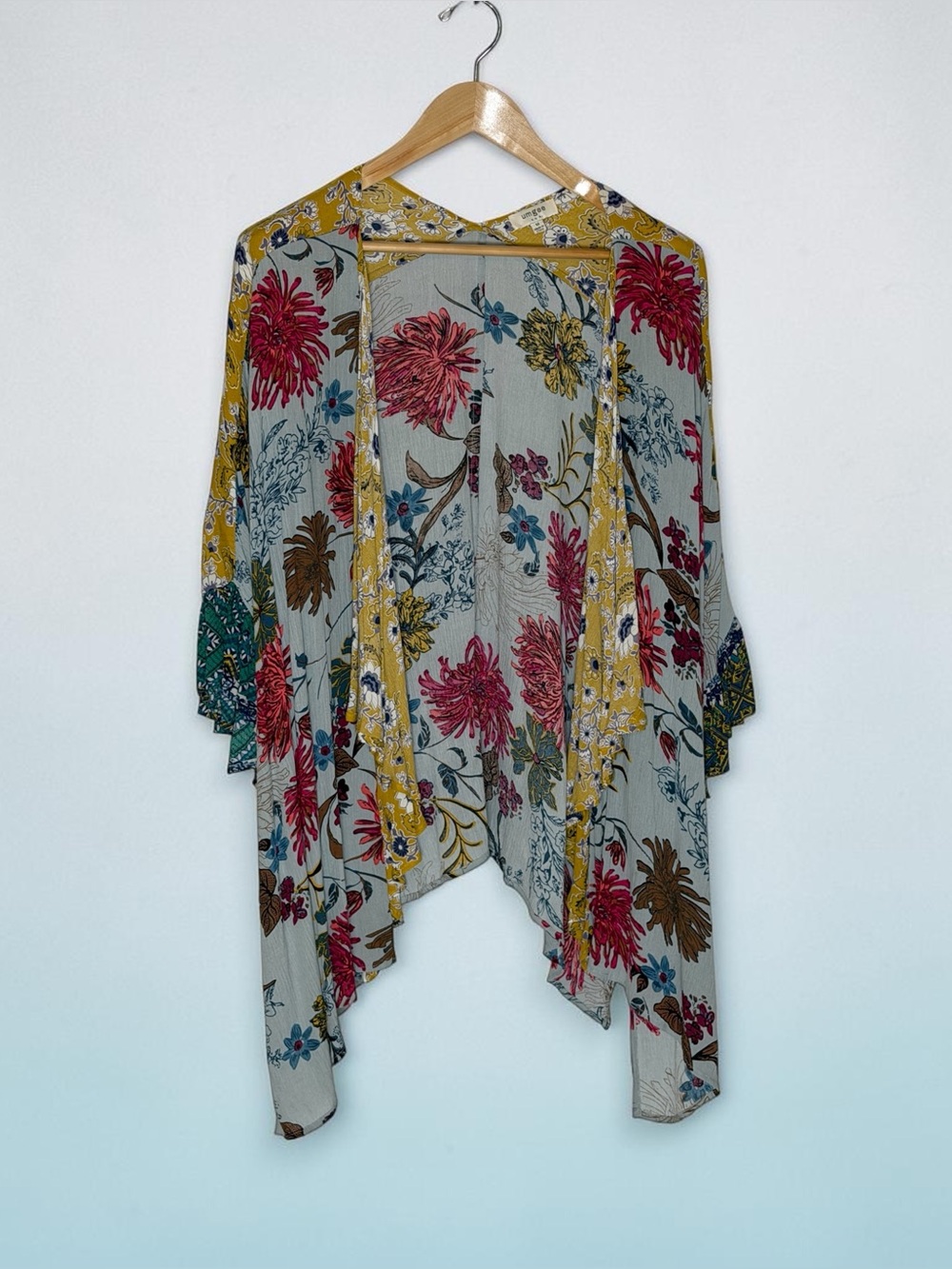 Umgee USA Floral Kimono Cardigan M Boho Open Front Ruffle Sleeve Mustard Blue